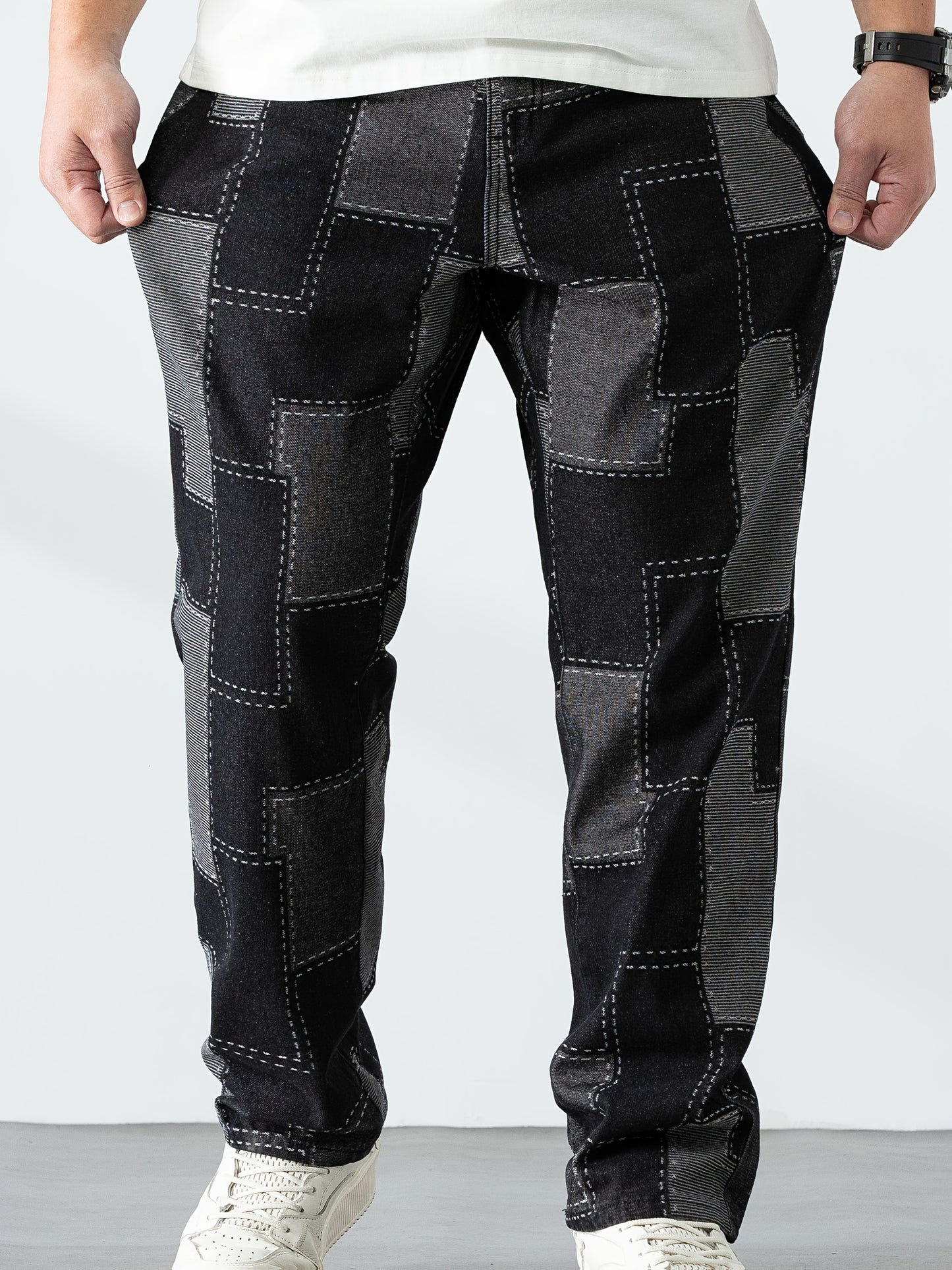 Men's Casual Checkered Straight-Leg Loose Jeans