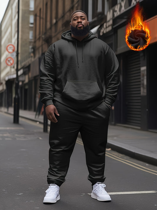 Plus Size Men's Hooded Fleece-Lined Sweatshirt Casual Set