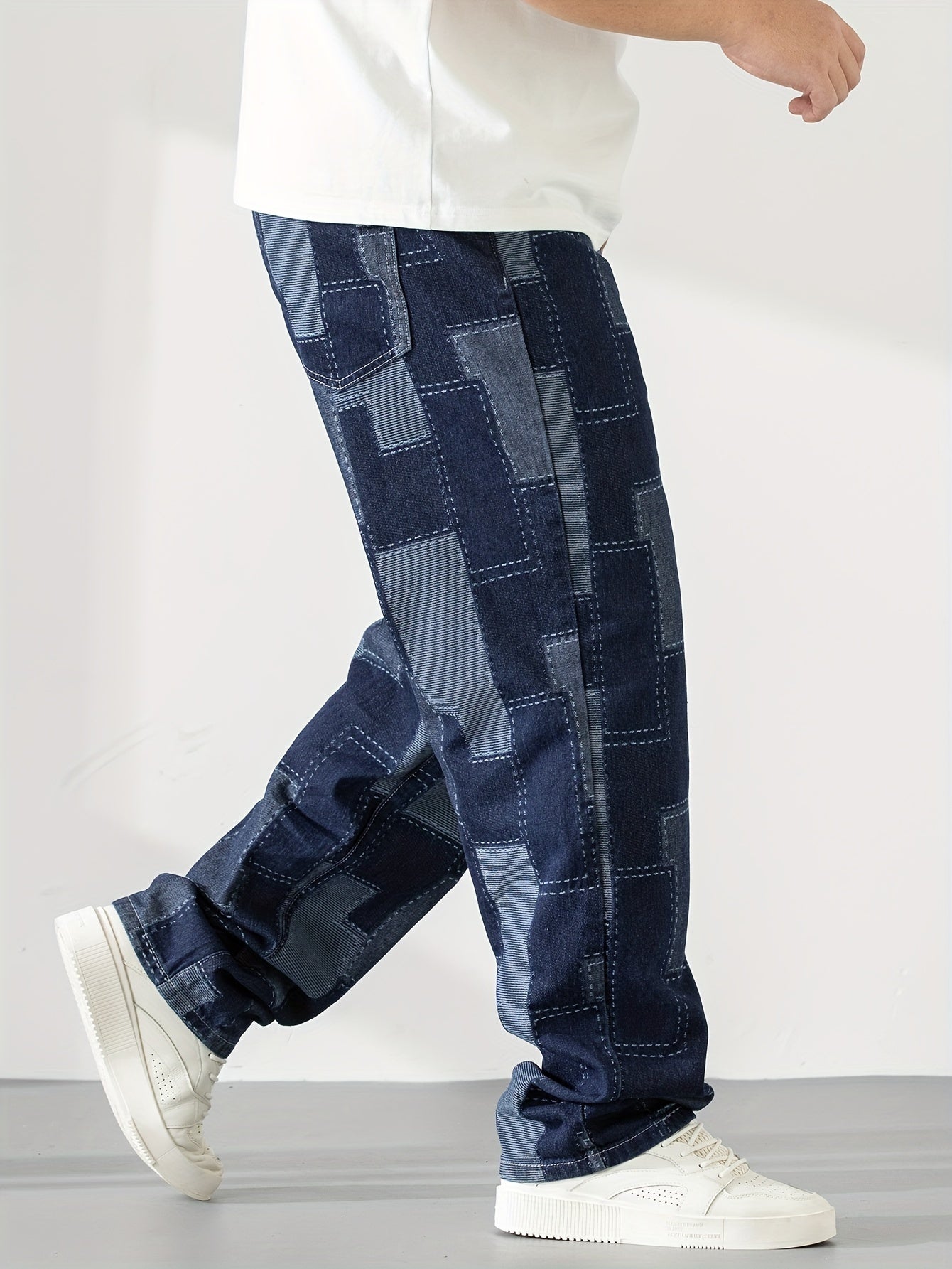 Men's Casual Checkered Straight-Leg Loose Jeans