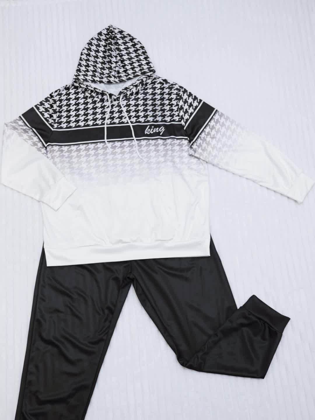 Plus Size Men's 'king' Letter Print Plaid Hooded Long Sleeve Sweatshirt and Pants Set