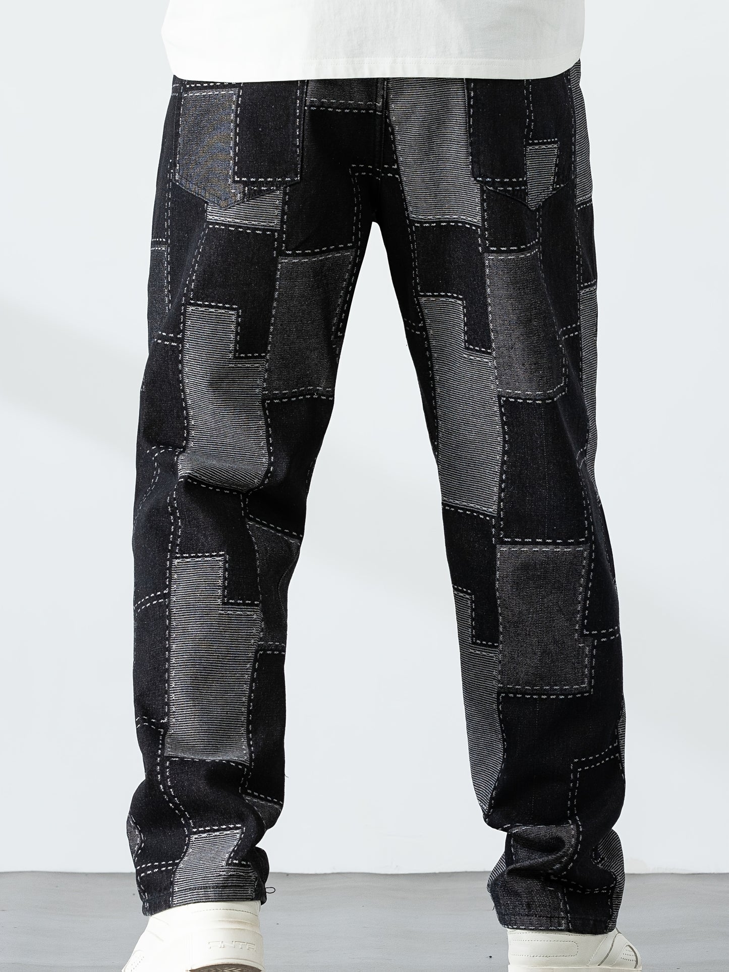 Men's Casual Checkered Straight-Leg Loose Jeans