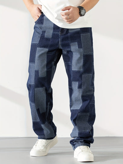 Men's Casual Checkered Straight-Leg Loose Jeans