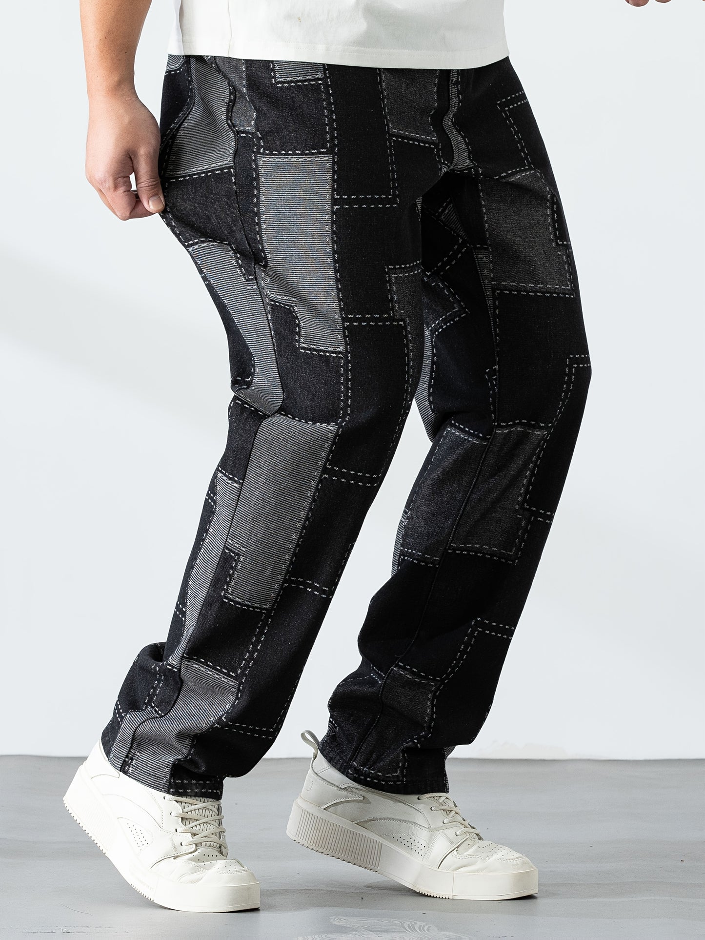 Men's Casual Checkered Straight-Leg Loose Jeans