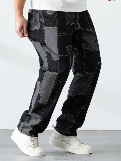 Men's Casual Checkered Straight-Leg Loose Jeans