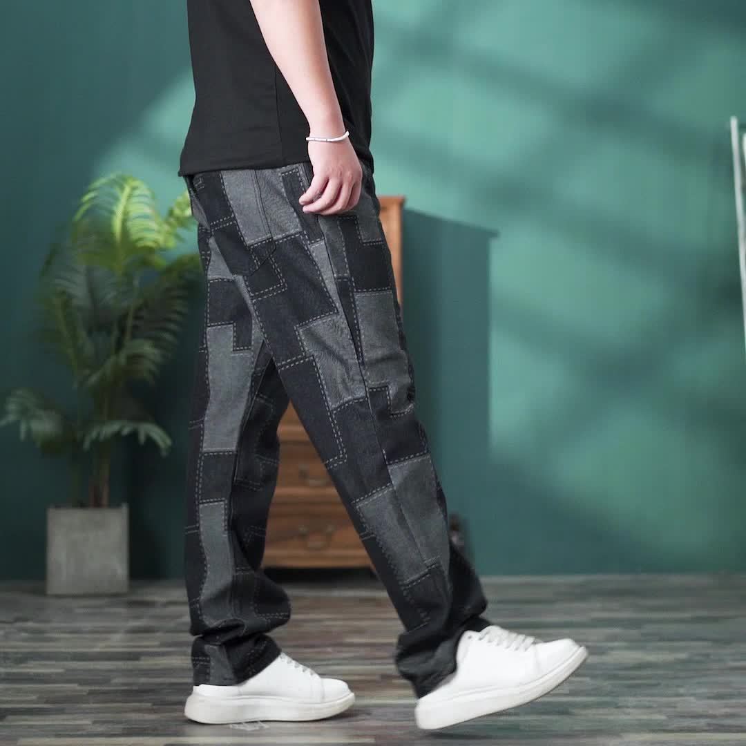 Men's Casual Checkered Straight-Leg Loose Jeans