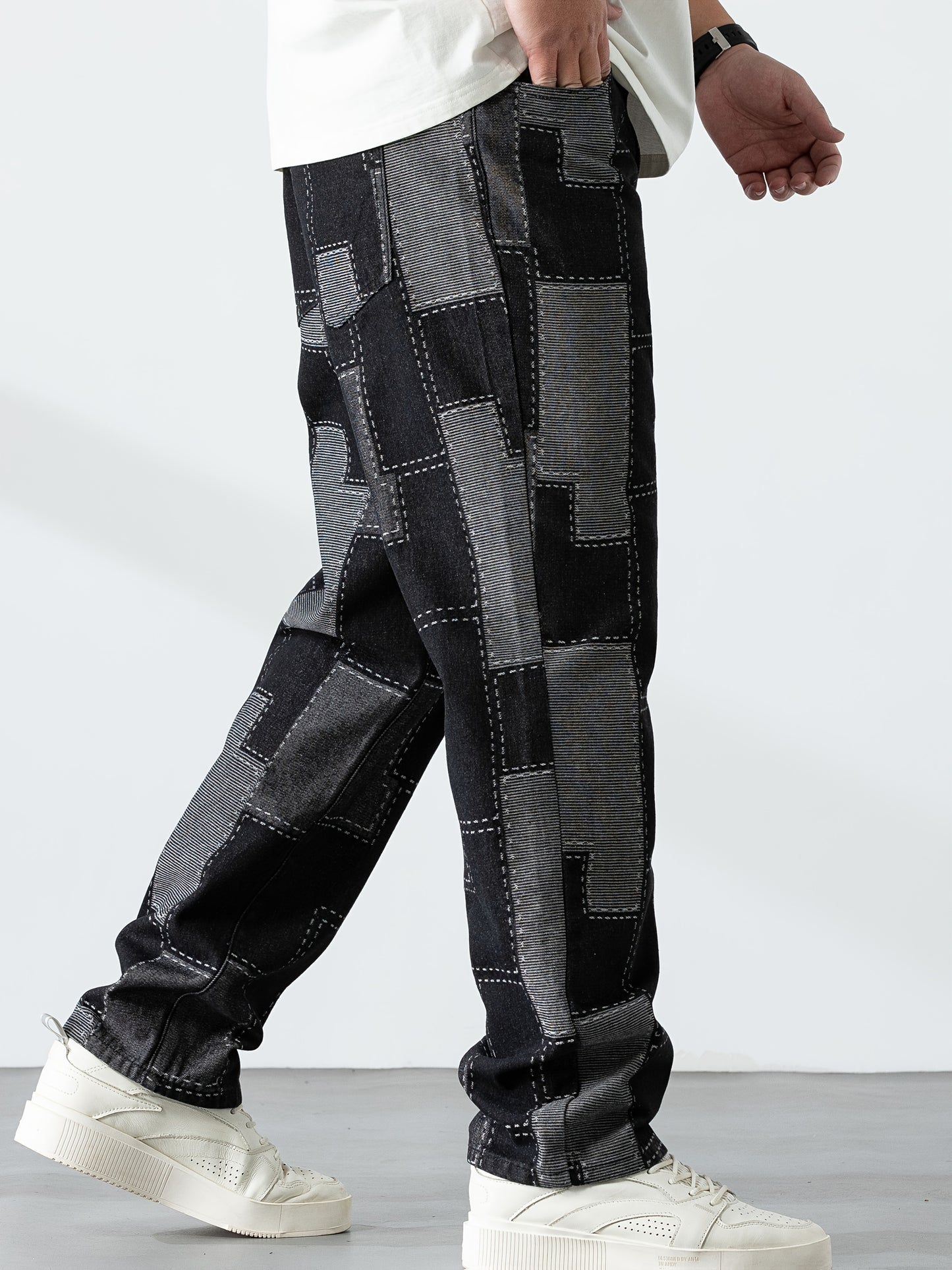 Men's Casual Checkered Straight-Leg Loose Jeans