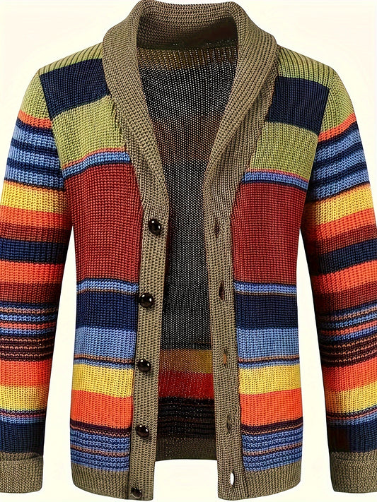 Plus Size Men's Contrast Color Knit Cardigan Sweater For Spring Fall Winter