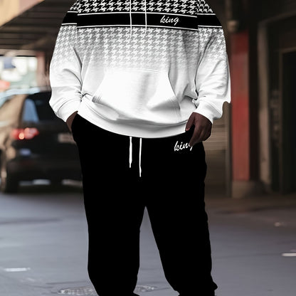 Plus Size Men's 'king' Letter Print Plaid Hooded Long Sleeve Sweatshirt and Pants Set